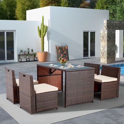 Commerciale PE Rattan Outdoor Dining Set con tavolo di vetro rettangolare per uso alberghiero e resort